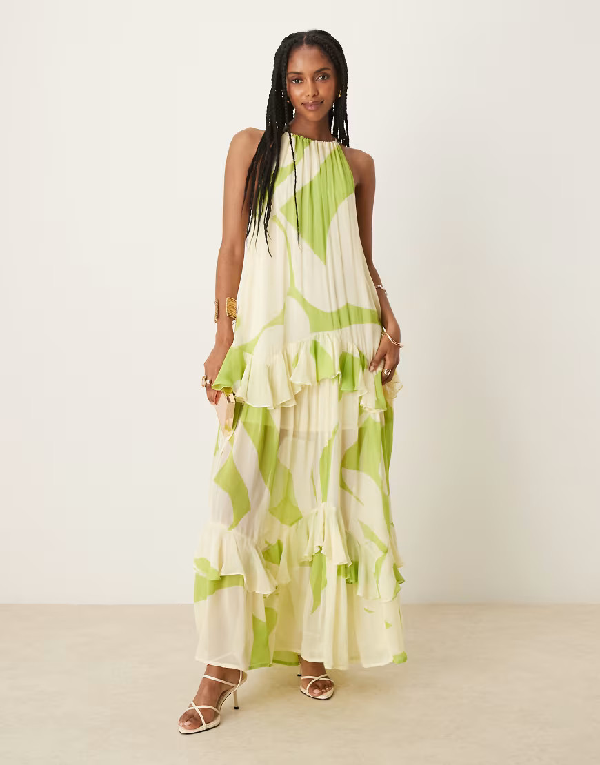 ASOS DESIGN halter neck tiered ruffle maxi dress in green abstract print | ASOS (Global)