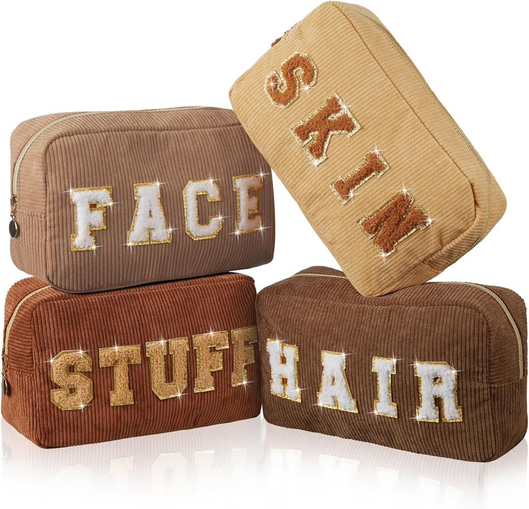 Pinkunn 4 Pcs Corduroy Makeup Cosmetic Bags Christmas Gift Chenille Letter Patch Cosmetic Small P... | Amazon (US)