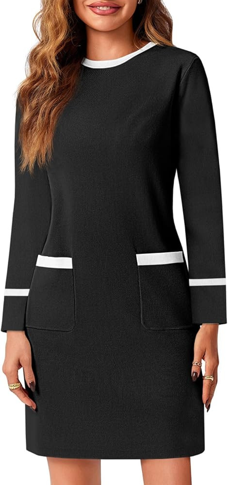 Wenrine Womens Work Dress Business Casual Contrast Color Elegant Long Sleeve Knit Loose Mini Dres... | Amazon (US)