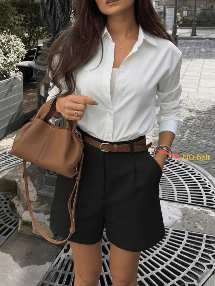 Neue Anzugshorts Einfarbig Für Frühling/Sommer, Eleganter Pendler-Stil In Schwarz | SHEIN