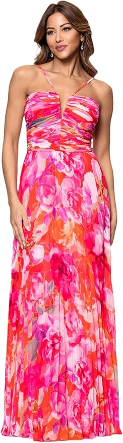 Women's Sleeveless Long Halter V Neck Printed Pleated Spaghetti Strap Dress | Amazon (US)