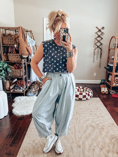 This mens star ⭐️ tank is so fun cropped! Love it paired with these pants from @threebirdnest too. I’m wearing a medium in it and also the pants. 

Here’s the link to them 👇🏼
 https://collabs.shop/opc35l 
 (can’t link here so copy and paste) save with code MANDIE 

I size down in my converse 
Sparkl watchband save with code MANDIE 
 


#LTKOver40 #LTKFindsUnder50 #LTKStyleTip