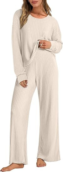 ANRABESS Women 2 Piece Lounge Pajamas Sets Casual Ribbed Knit Long Sleeve Top Pants Matching Set ... | Amazon (US)