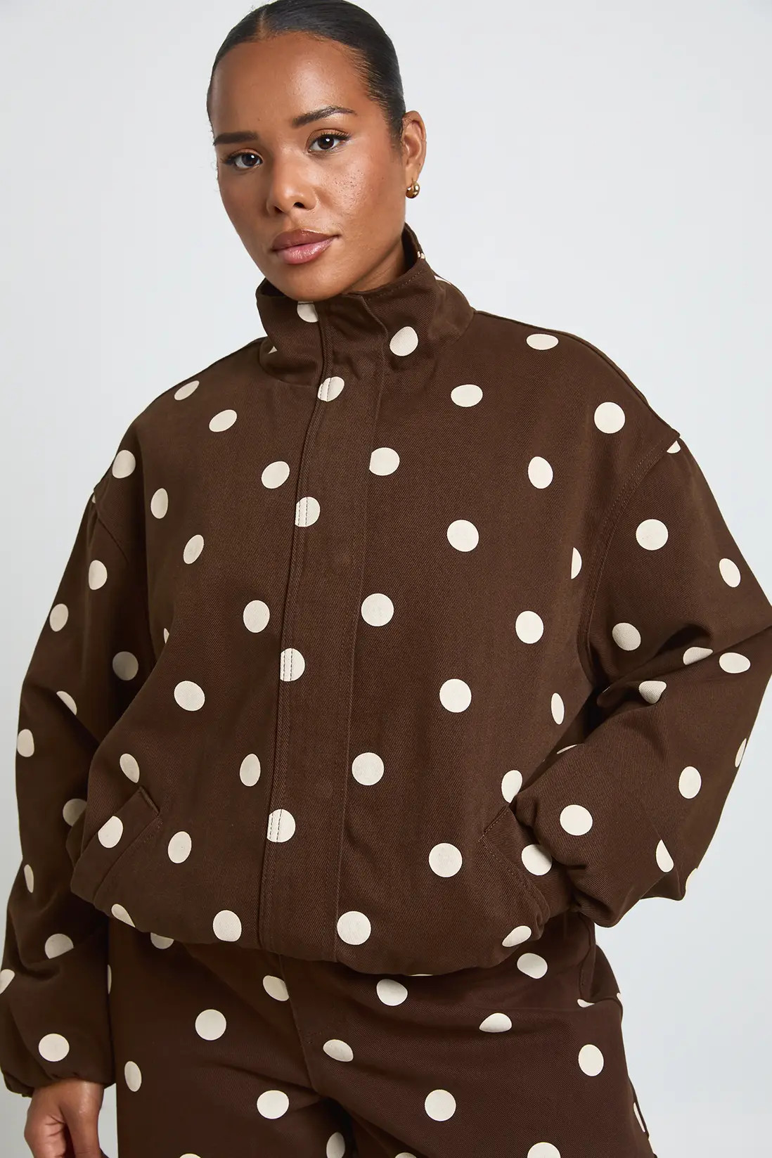 Choc Brown Plus Polka Dot Funnel Neck Denim Bomber Jacket | Boohoo USA | boohoo (US & Canada)