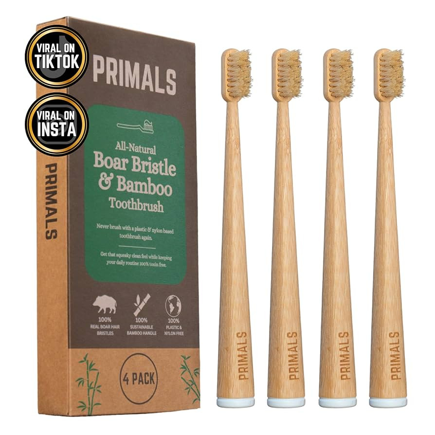 PRIMALS Boar Bristle & Bamboo Toothbrush (4-Pack) - Premium Boar Bristles - Fully Biodegradable -... | Amazon (US)