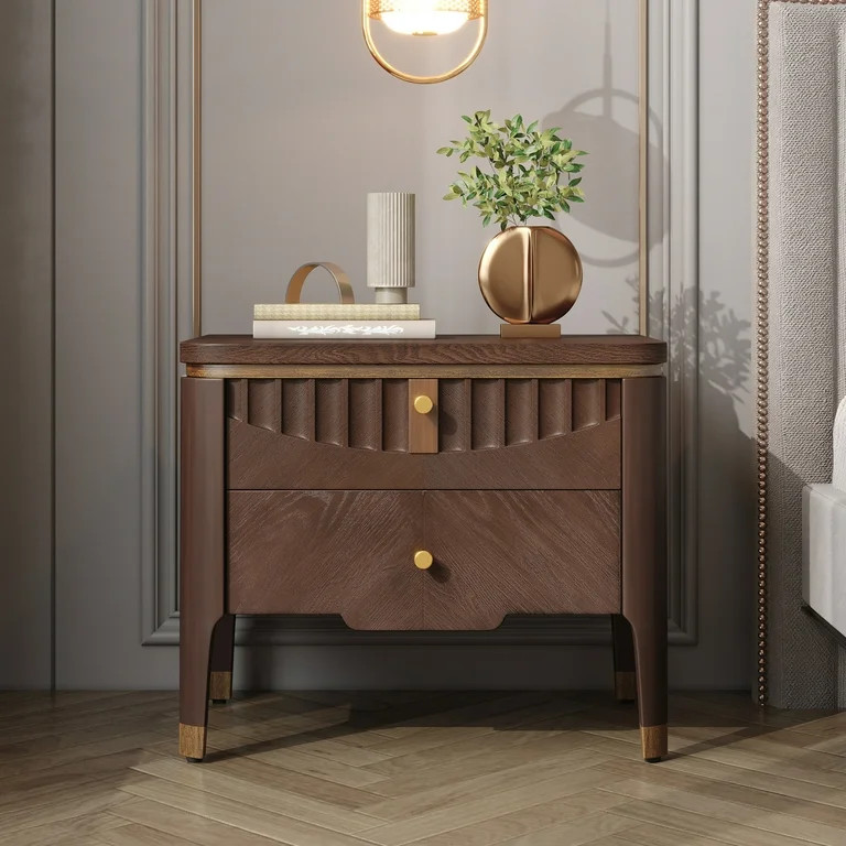 Christopher Knight Home 2-Drawer Nightstand, Bedside Table with Gold Metal Button Handles, Brown | Walmart (US)