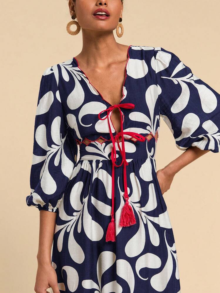 Travachic Women Contrast Color Trim Long Sleeve Front Tie Casual Dress | SHEIN
