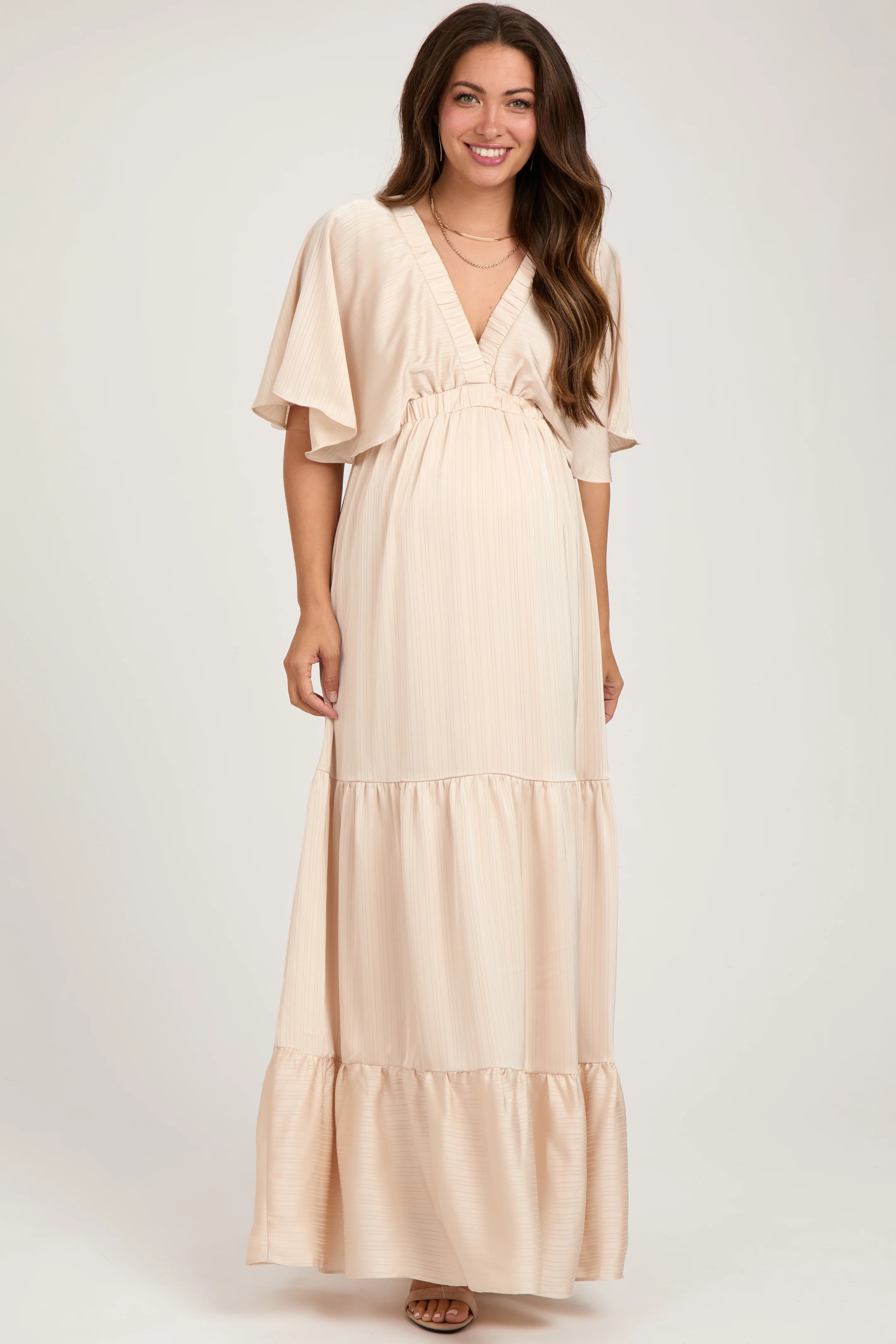 Beige V-Neck Flutter Sleeve Tiered Maternity Maxi Dress | PinkBlush Maternity