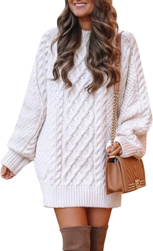 Lady Rabbit Women's Crewneck Long Sleeve Cable Knit Sweater Dress Slouchy Oversized Chunky Pullov... | Amazon (US)