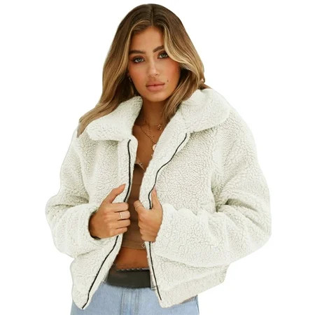 Womens Warm Fluffy Coats Fleece Faux Fur Jacket Plain Sports Zipper Casual Overcoats | Walmart (US)