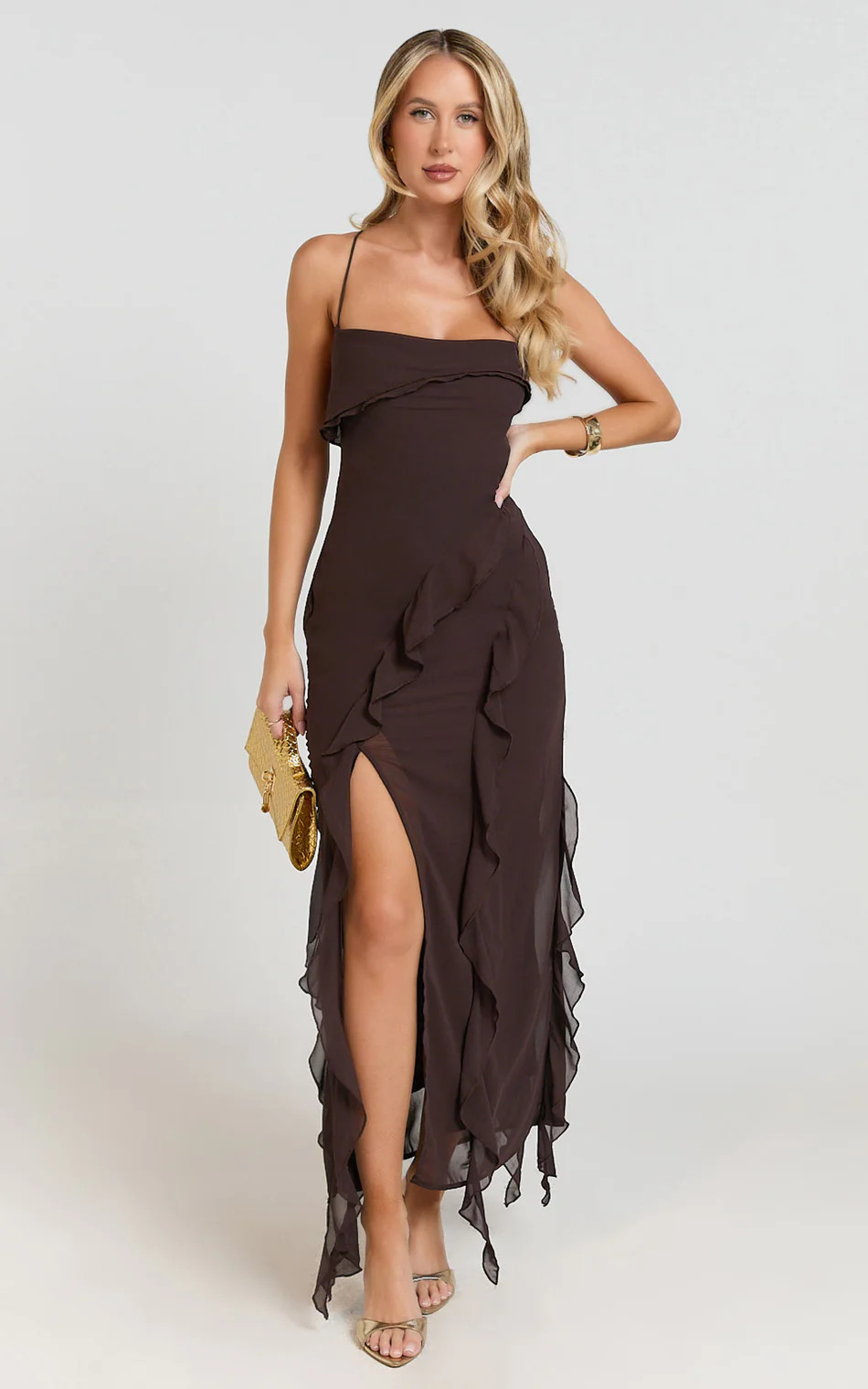 Connie Midi Dress- Ruffle Detail Dress in Chocolate | Showpo (US, UK & Europe)