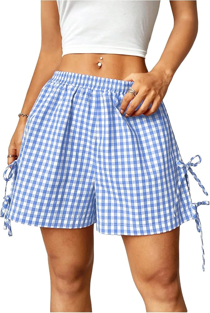 Verdusa Women's Gingham Plaid Shorts Bow Tie Split Elastic Waist Y2k Wide Leg Shorts Summer Vacat... | Amazon (US)