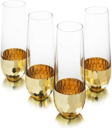 MyGift Modern Stemless Champagne Flute Party Glasses with Hammered Brass Plated Bottoms, Set of 4 | Amazon (US)
