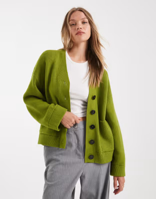 ASOS DESIGN button up pocket front boyfriend cardigan in olive | ASOS | ASOS (Global)