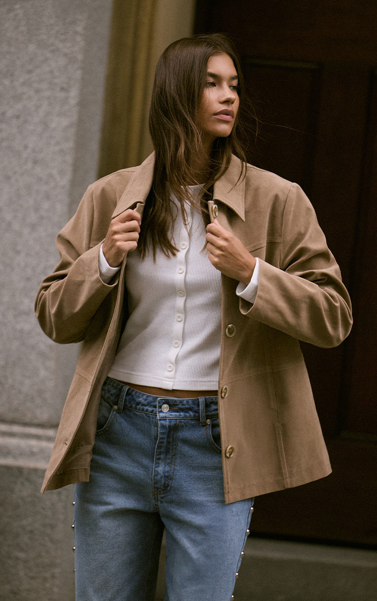Sand Suede Button Detail Jacket | PrettyLittleThing UK