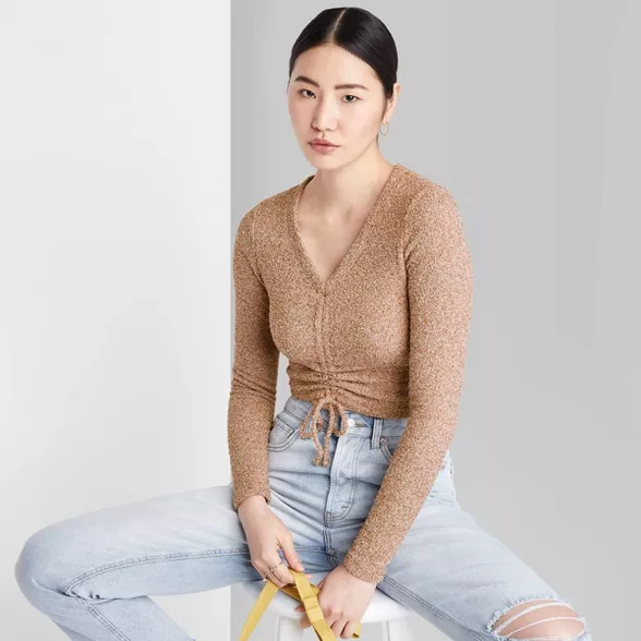 Women's Long Sleeve V-Neck Ruched Front Fitted Sweater Knit T-Shirt - Wild Fable™ | Target