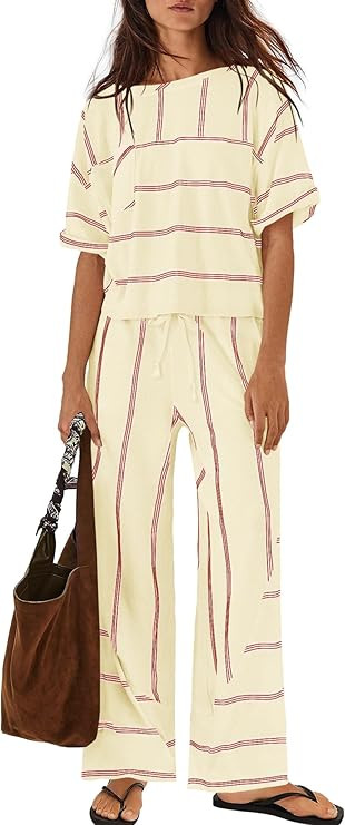 Panadila Womens Striped Lounge Set 2 Piece Summer Travel Vacation Sets Short Sleeve Tops and Wide... | Amazon (US)