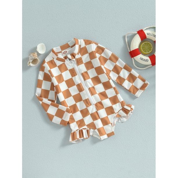 Kids Baby Girls One Piece Swimsuit Checkerboard Swimsuit Zip Rash Guard Swimwear Ruffled Long Sle... | Walmart (US)
