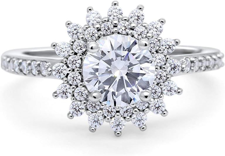 Blue Apple Co. Halo Starburst Flower Wedding Engagement Ring Round Simulated Cubic Zirconia 925 S... | Amazon (US)