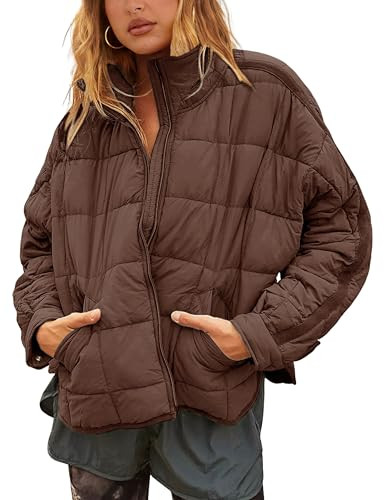 Bianstore Women's Oversized Splice Quilted Lightweight Puffer Jacket Casual Padded Coat(Coffee-Large) | Amazon (US)