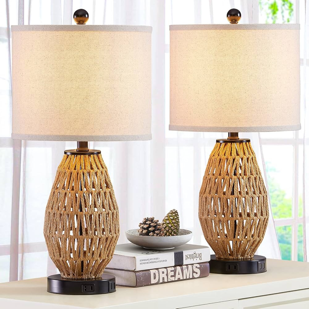 CINSARY Touch Control Rattan Table Lamps, 3 Way Dimmable Bedside Lamps for Bedroom Set of 2 with ... | Amazon (US)