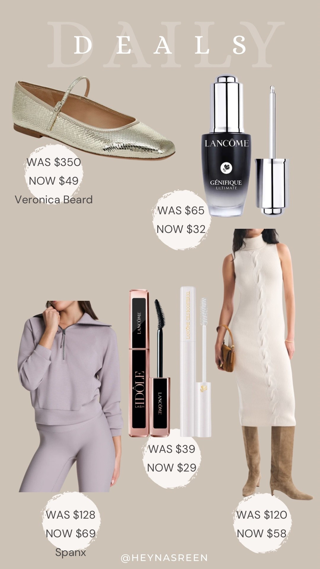 Daily deals on Veronica Beard flats, Lancôme Génifique serum, Abercrombie sweater dress, Lancôme mascara & primer duo, Spanx half zip 
