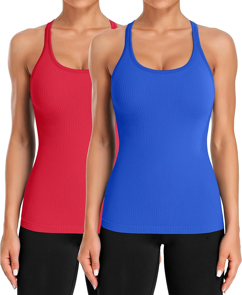 ATTRACO Ribflex 2 Pack Ribbed Workout Tank Top with Built in Bra for Women Seamless Yoga Top Slim... | Amazon (US)