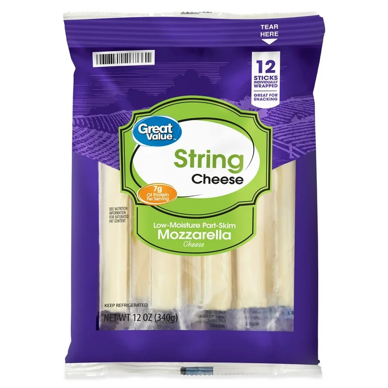 Great Value Low-Moisture Part-Skim Mozzarella String Cheese Snack, 12 oz Bag, 12 Cheese Sticks | Walmart (US)