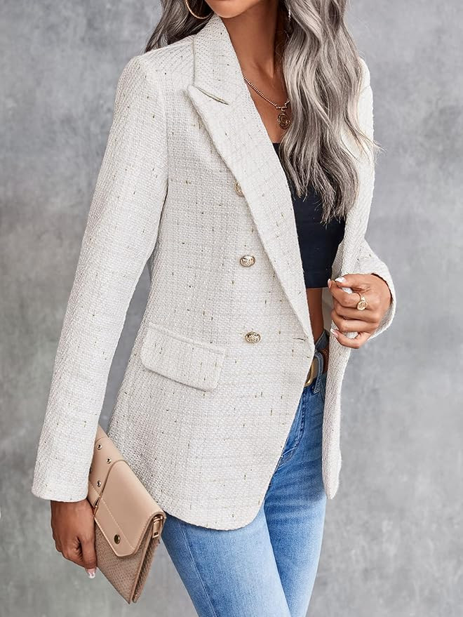 MakeMeChic Women's Tweed Blazer Long Sleeve Lapel Neck Button Front Blazer Jacket Coat | Amazon (US)