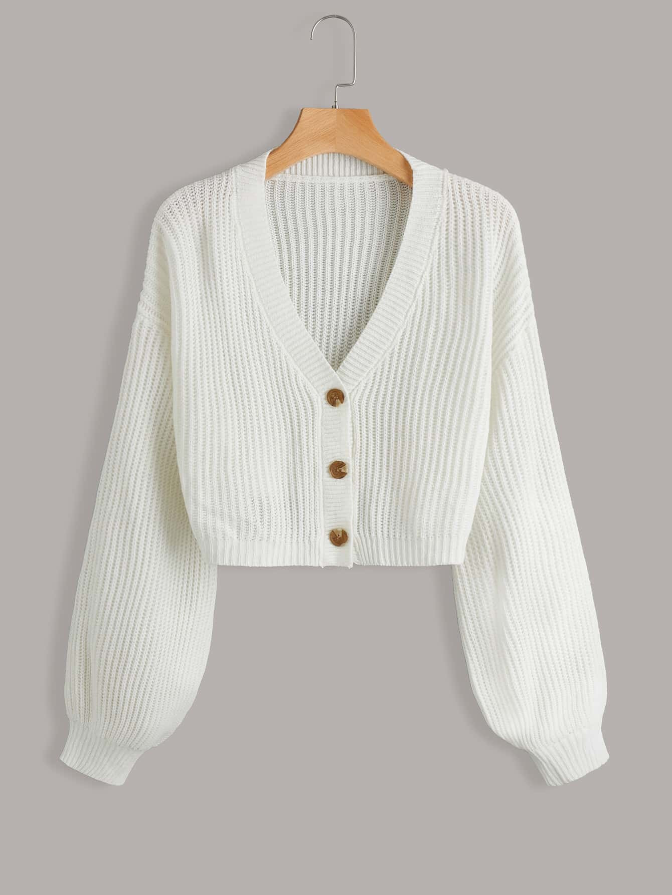 SHEIN EZwear Lantern Sleeve Button Front Rib Knit Cardigan | SHEIN
