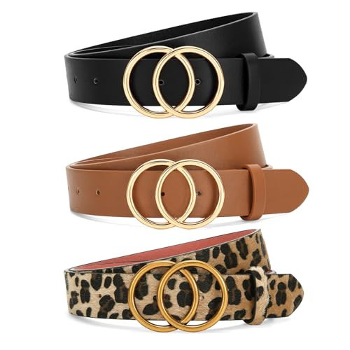 SANSTHS 3 Pack Women Waist Belts for Jeans Pants Dresses, Ladies Belt with Double O-Ring Gold Buckle, Black+Brown+Leopard S | Amazon (US)