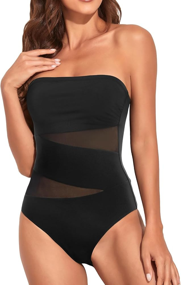 Holipick Women Tummy Control One Piece Swimsuits Strapless Bandeau Bathing Suits Slimming Halter ... | Amazon (US)