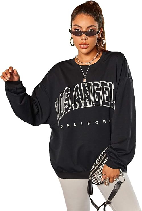 MakeMeChic Women's Letter Graphic Drop Shoulder Long Sleeve Oversized Sweatshirt | Amazon (CA)