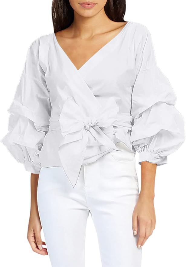 AOMEI Women Spring Summer Blouses with Puff Sleeve Sashes Shirts Tops | Amazon (US)