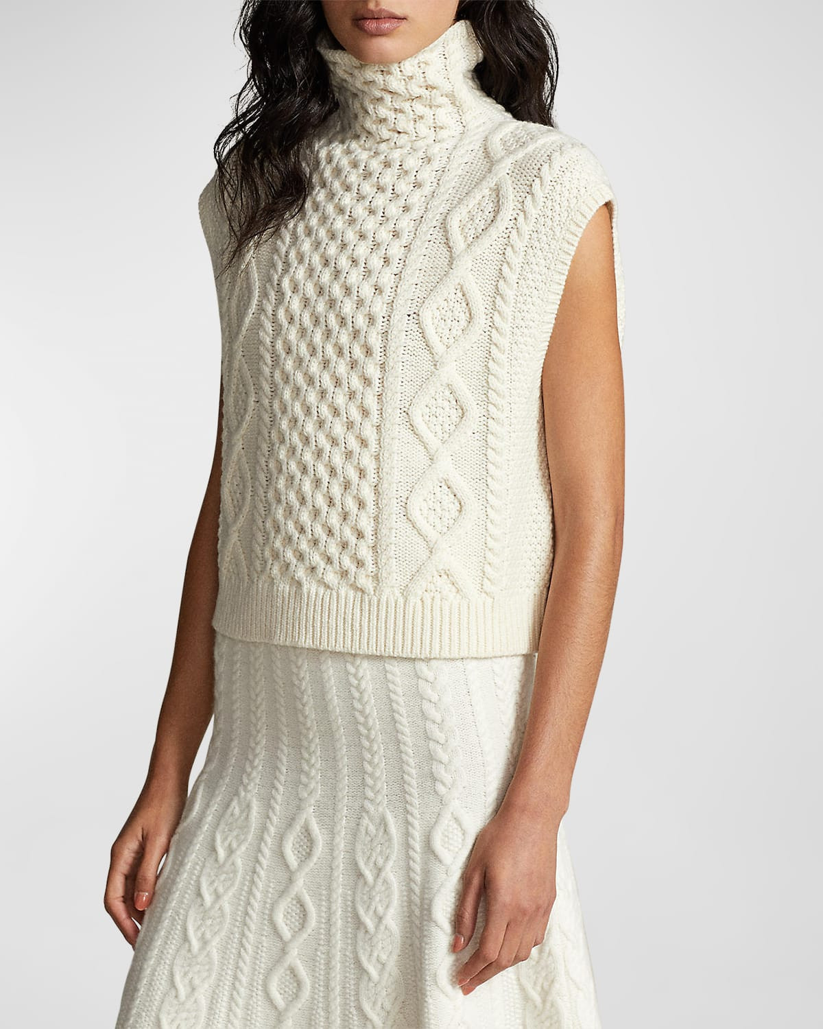 Aran Sleeveless Wool-Cashmere Turtleneck Sweater | Neiman Marcus