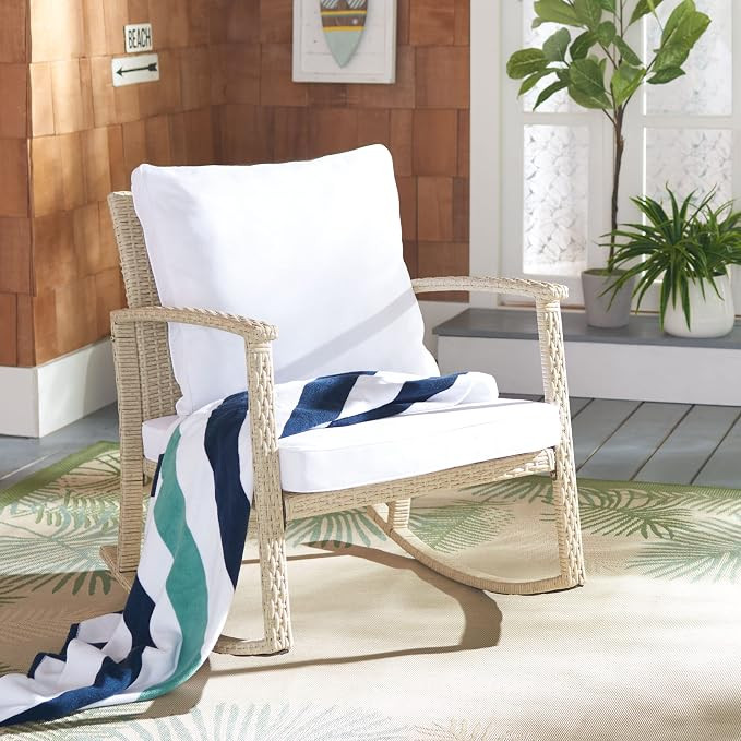 SAFAVIEH Outdoor Collection Daire Woven Beige/White Cushion Rocking Chair for Patio Porch Backyar... | Amazon (US)