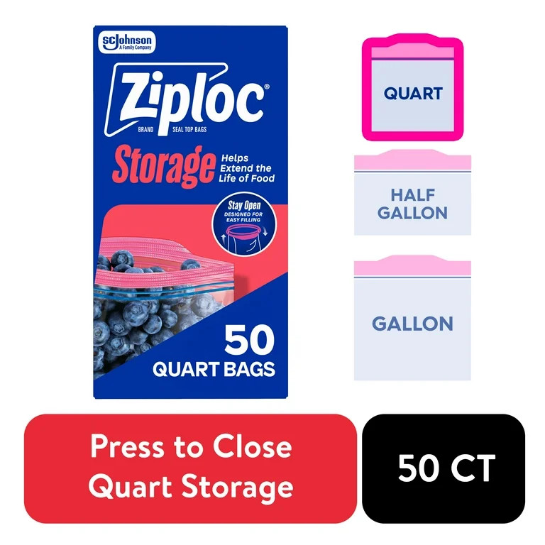 Ziploc Brand Food Storage Bags, School Supplies, with Grip 'n Seal Technology, Zipper, Quart, 50 ... | Walmart (US)