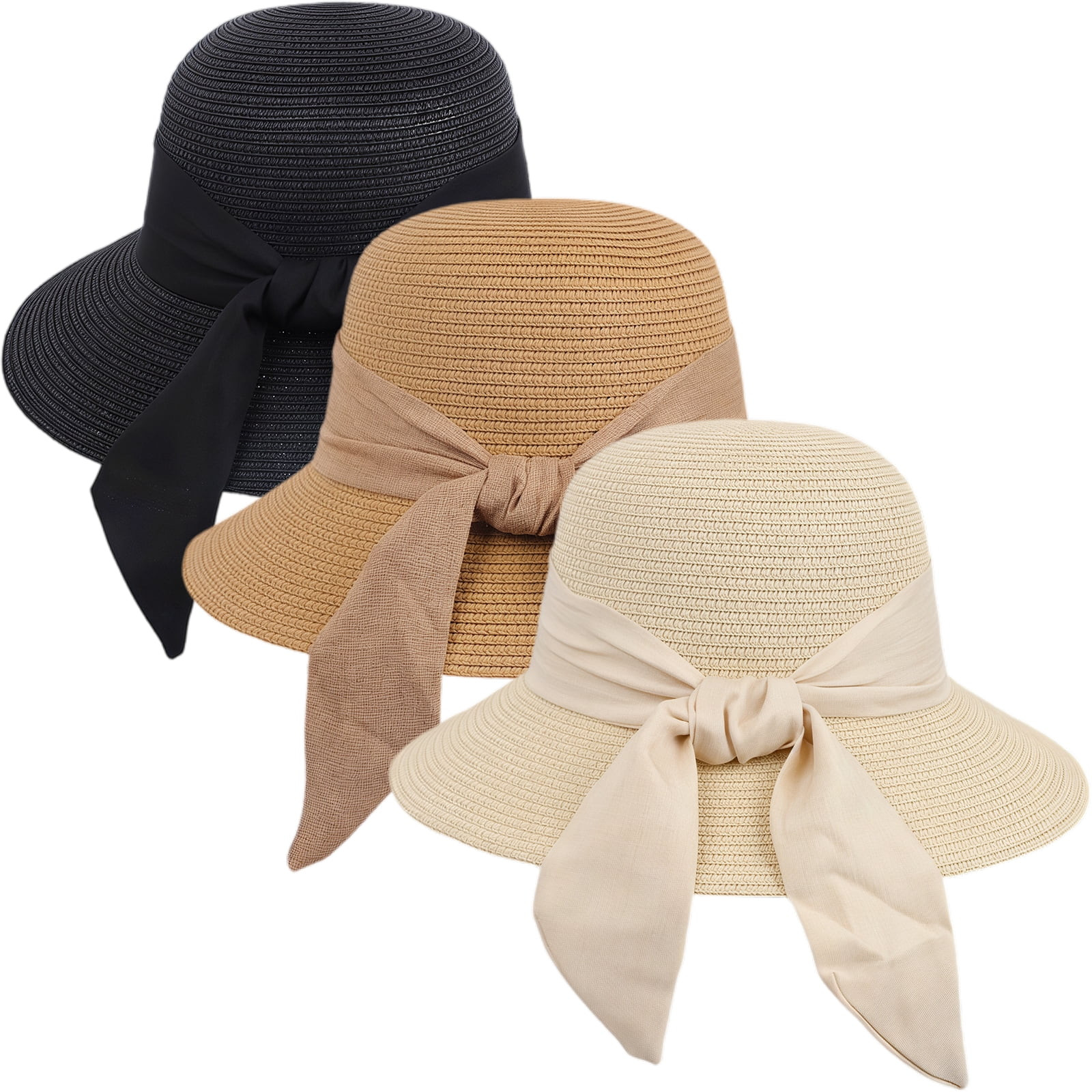 3Pack Women's Straw Hat with Linen Bow, Lightweight Breathable Summer Sun Hat, Foldable Wide Brim... | Walmart (US)