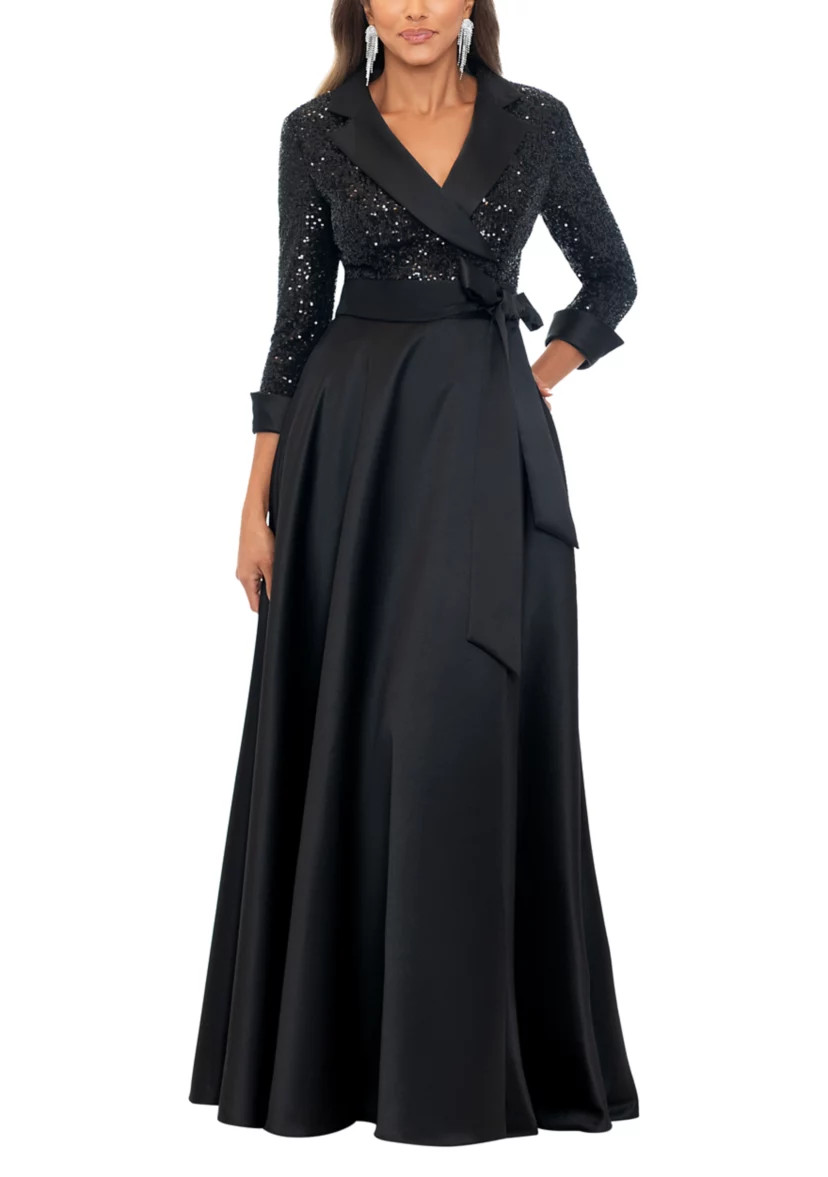 Women's Long Sleeve V-Neck Solid Sequin Ballgown | Belk