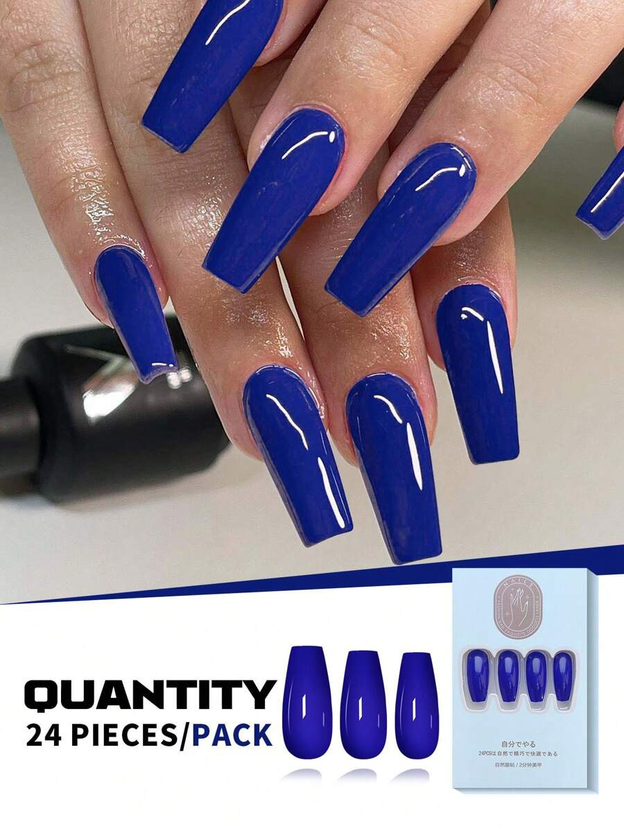 Add Some Romance To Your Look With 24pcs Long Ballet Style Solid Color Bright Blue Glossy False N... | SHEIN