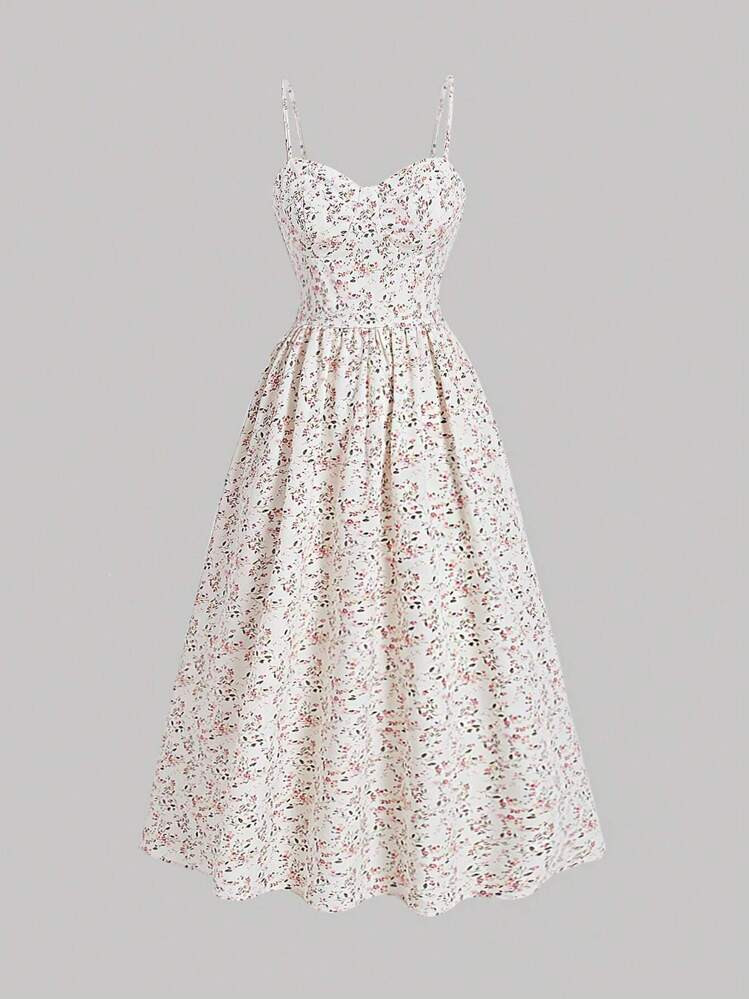 SHEIN MOD Break Long Dress Ditsy Floral Print Cami Dress Summer Clothes,White Graduation Dress | SHEIN