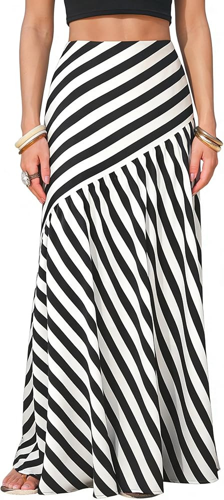 EXLURA Women's Boho Striped Maxi Skirt High Waisted A-Line Summer Beach Long Skirts with Lining C... | Amazon (US)