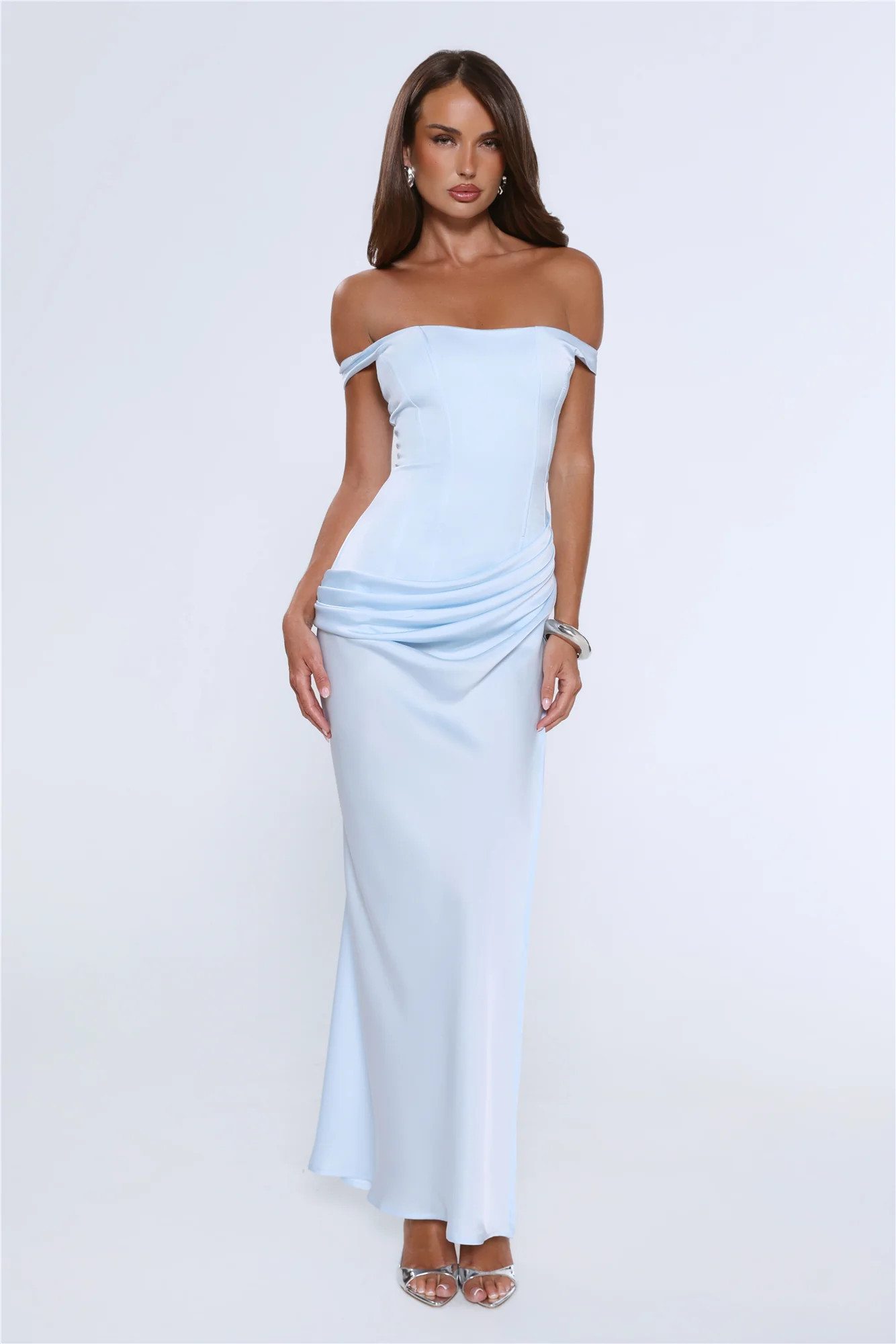 The After Party Off Shoulder Satin Maxi Dress Blue | Hello Molly (US)