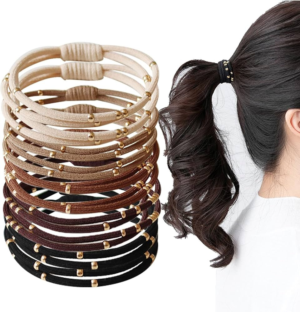 Golden Beaded Hair Ties for Women No Damage No Crease Ponytail Holders High Elastic Hair Ties Bra... | Amazon (US)