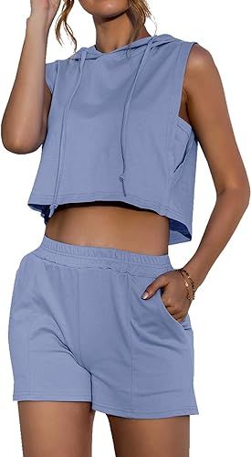 LYANER Women's 2 Piece Tracksuit Sleeveless Hoodies Crop Tank Top and Shorts Set Outfits | Amazon (US)