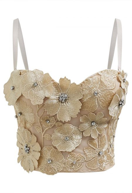 Solid Color Floral Applique Rhinestone Bra Top in Apricot | Chicwish
