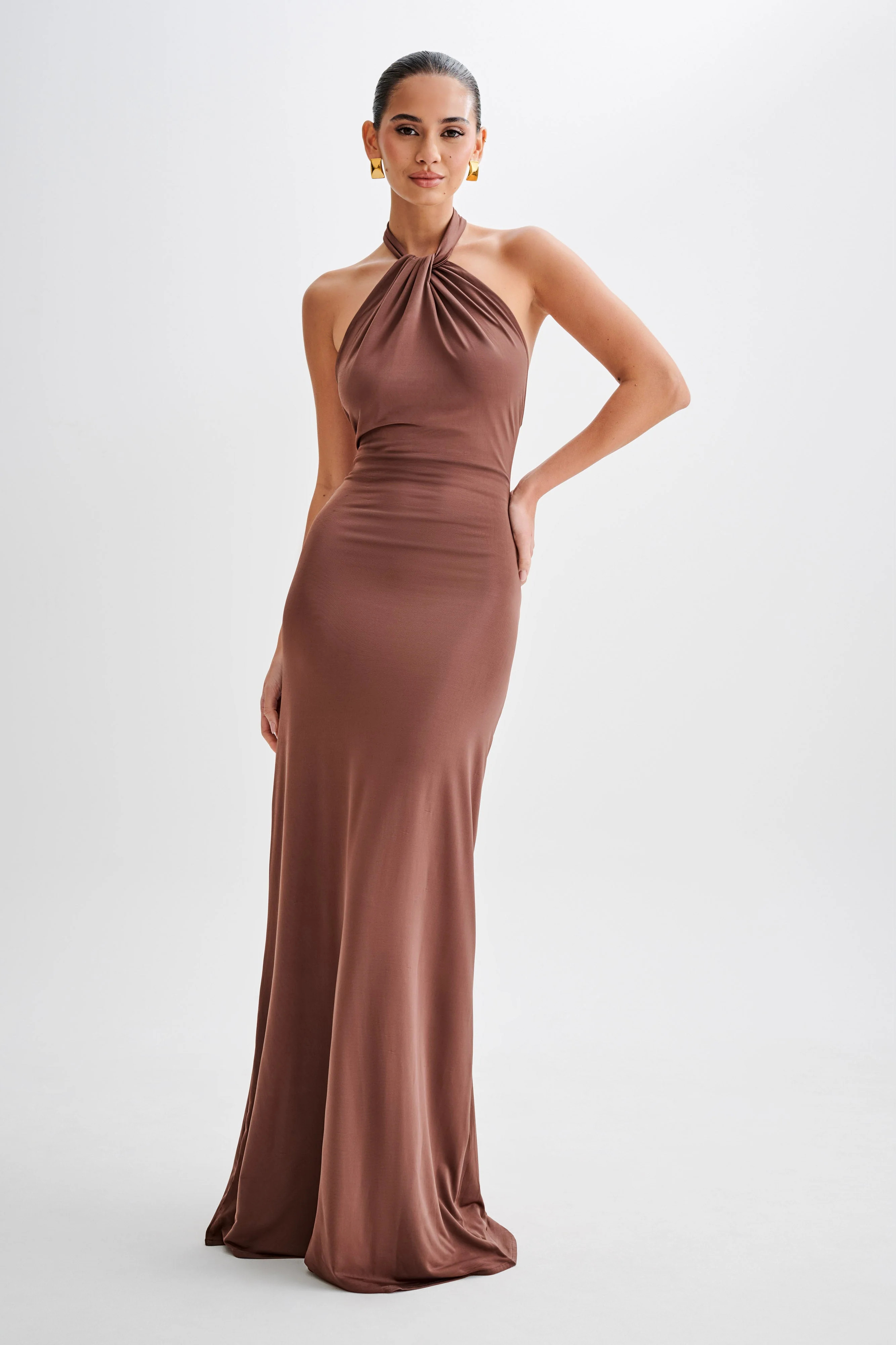 Slinky Halter Maxi Dress - Chocolate | MESHKI US