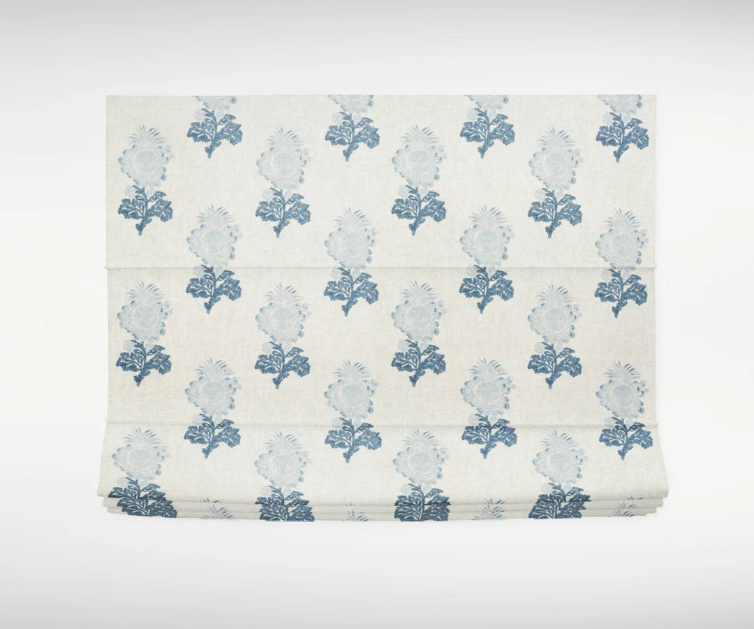 Block Print Blue Roman Shade Blue Grey Fabric Thibaut Roman Shade Silk Road Asian Loire French Bl... | Etsy (US)