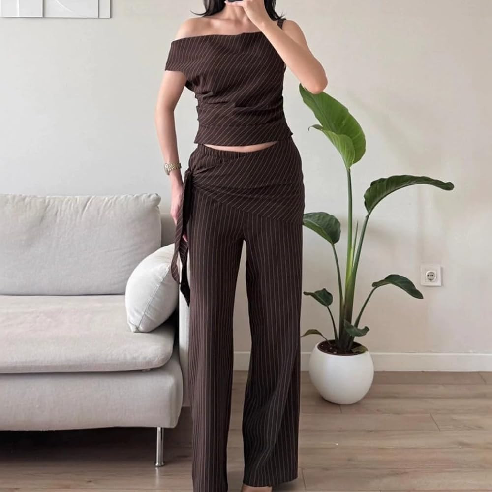 2 Piece Sets for Women Off The Shoulder Tops with High Waist Pants Casual Going Out Outfits | Amazon (US)
