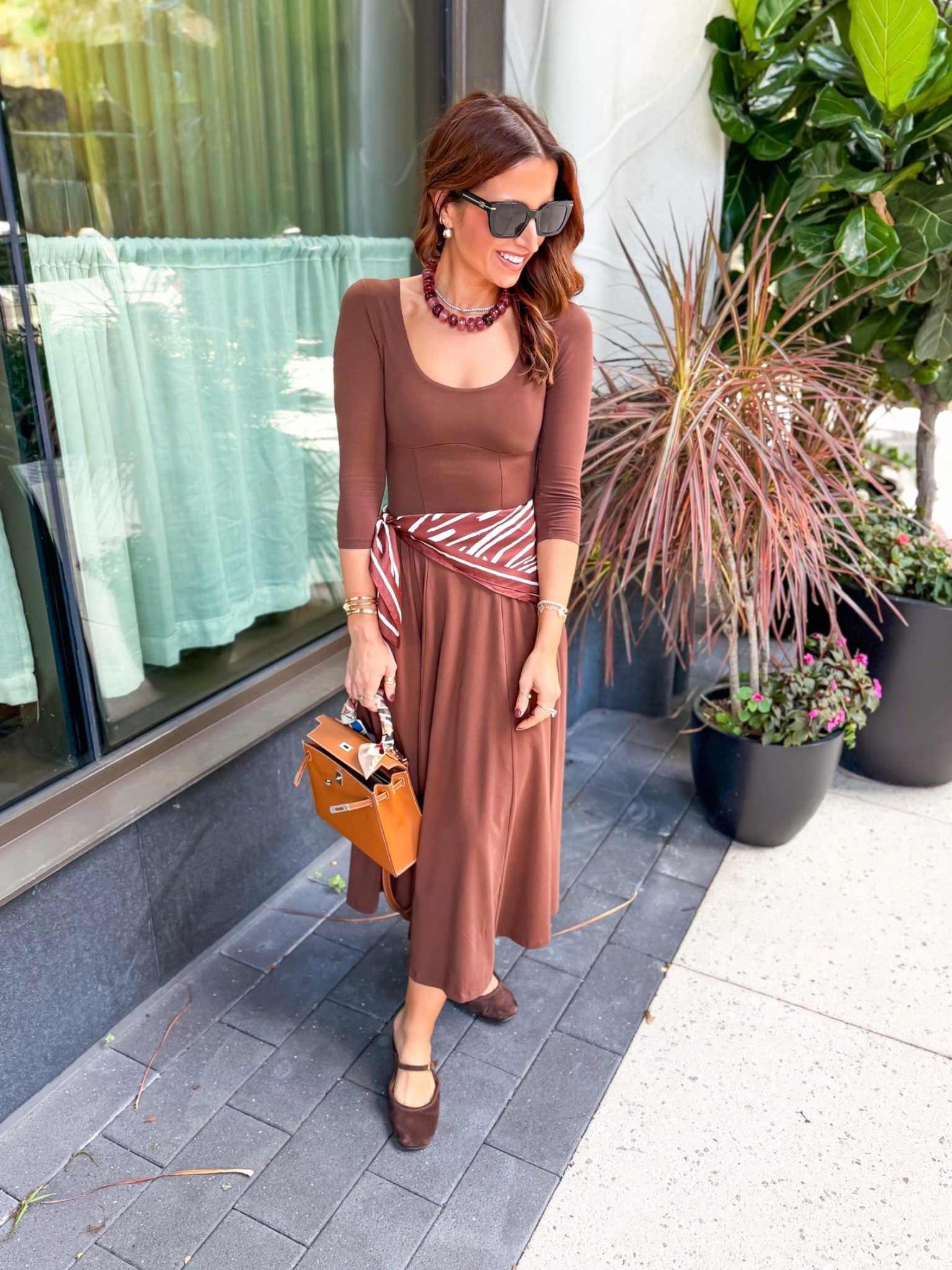 Code AFLTK. I love this bra free midi dress in XXS petite. Fall dress. Brown midi dress. Fall outfit. Fall style. Thanksgiving outfit. Thanksgiving dress. Pumpkin patch outfit. Family photo dress. Valley mule flats are TTS.